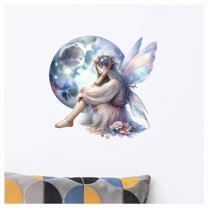 Pretty fairy sitting in front of moon vinyl sticker decal