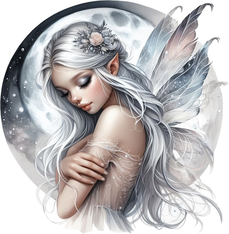 Silver and grey fairy with moon vinyl sticker decal
