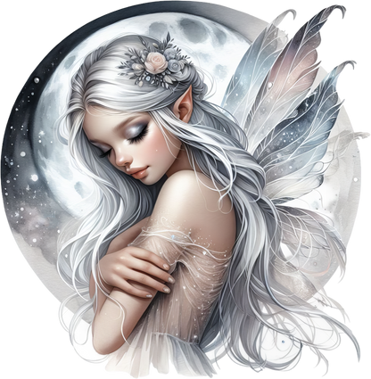 Silver and grey fairy with moon vinyl sticker decal