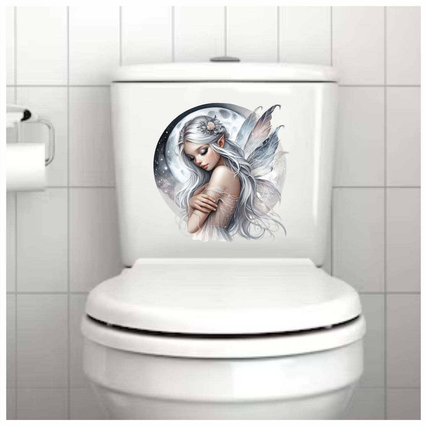 Silver and grey fairy with moon vinyl sticker decal