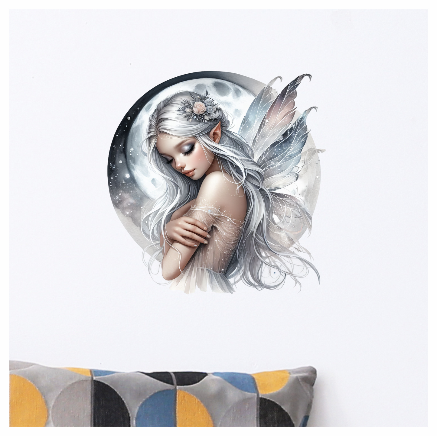 Silver and grey fairy with moon vinyl sticker decal