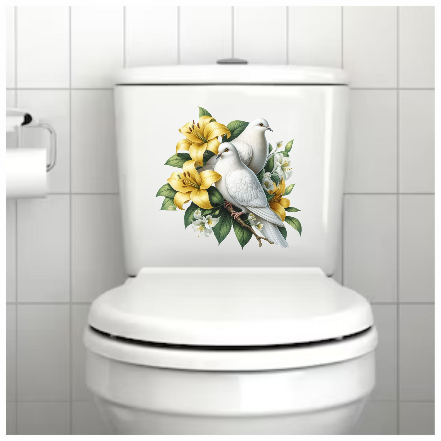 Doves sitting on a yellow flower vinyl sticker decal toilet art