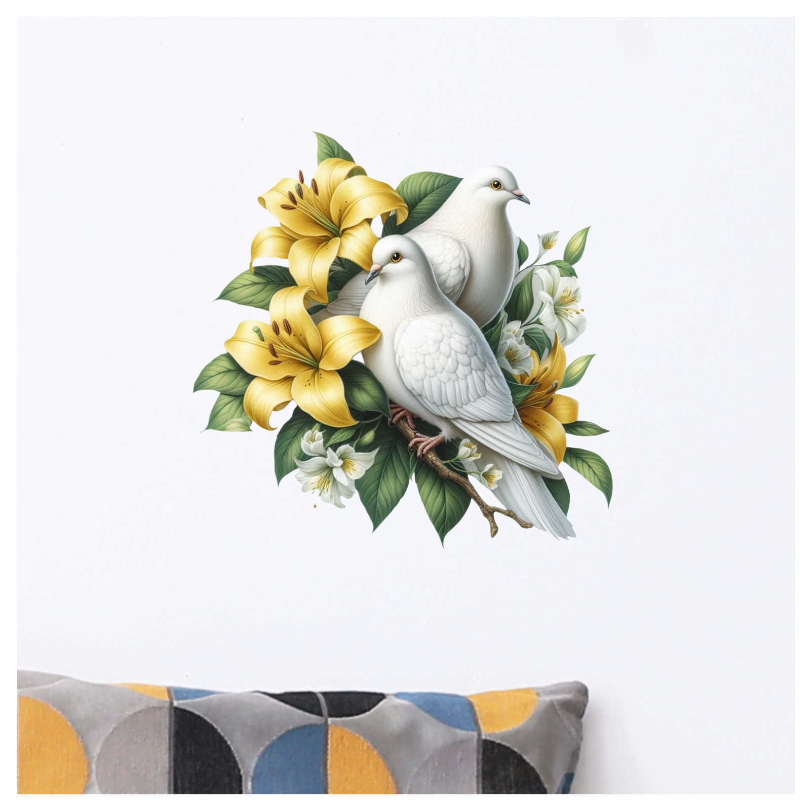 Doves sitting on a yellow flower vinyl sticker decal wall art