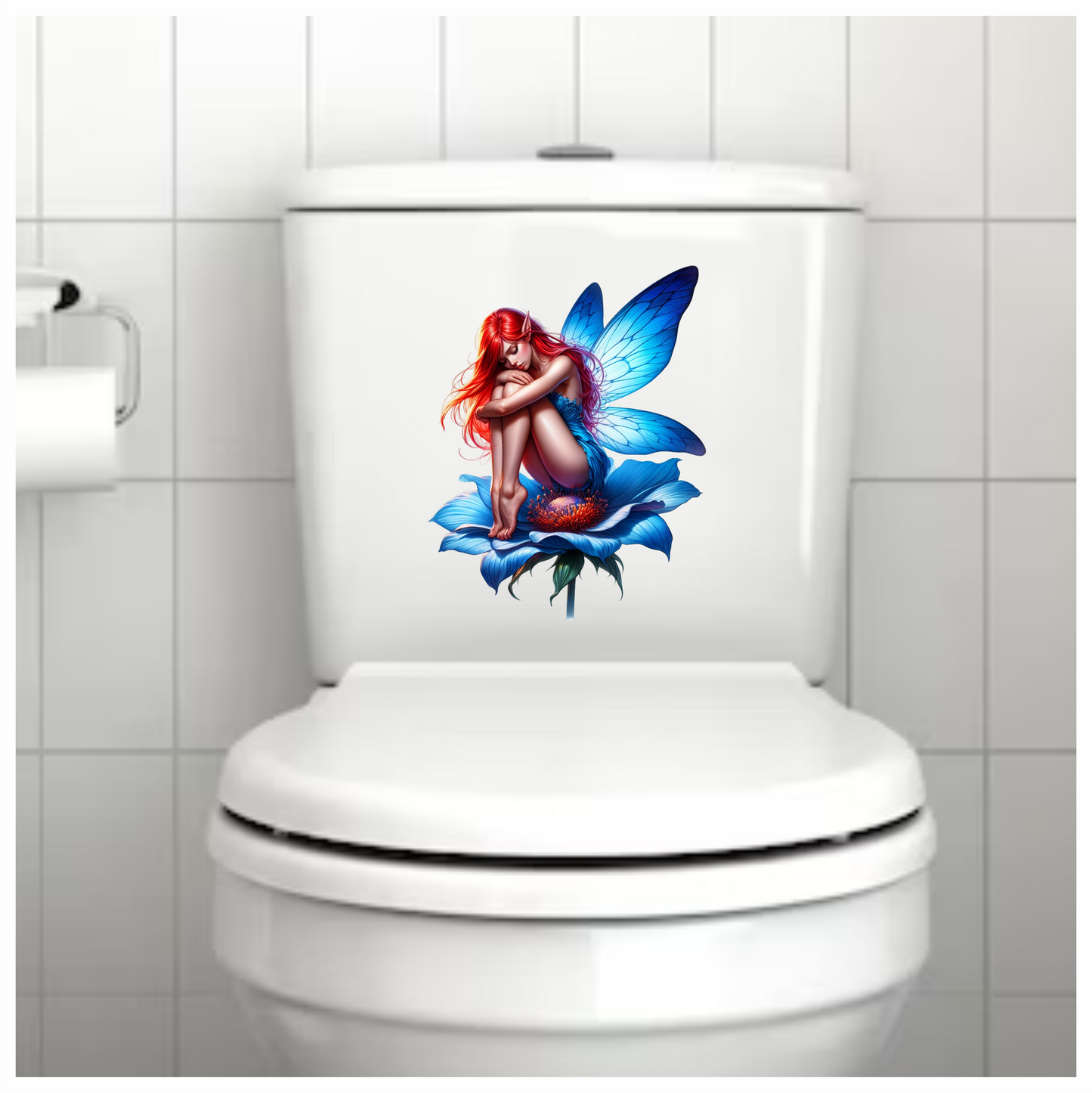 Neon blue fairy sitting on a flower vinyl sticker decal toilet art