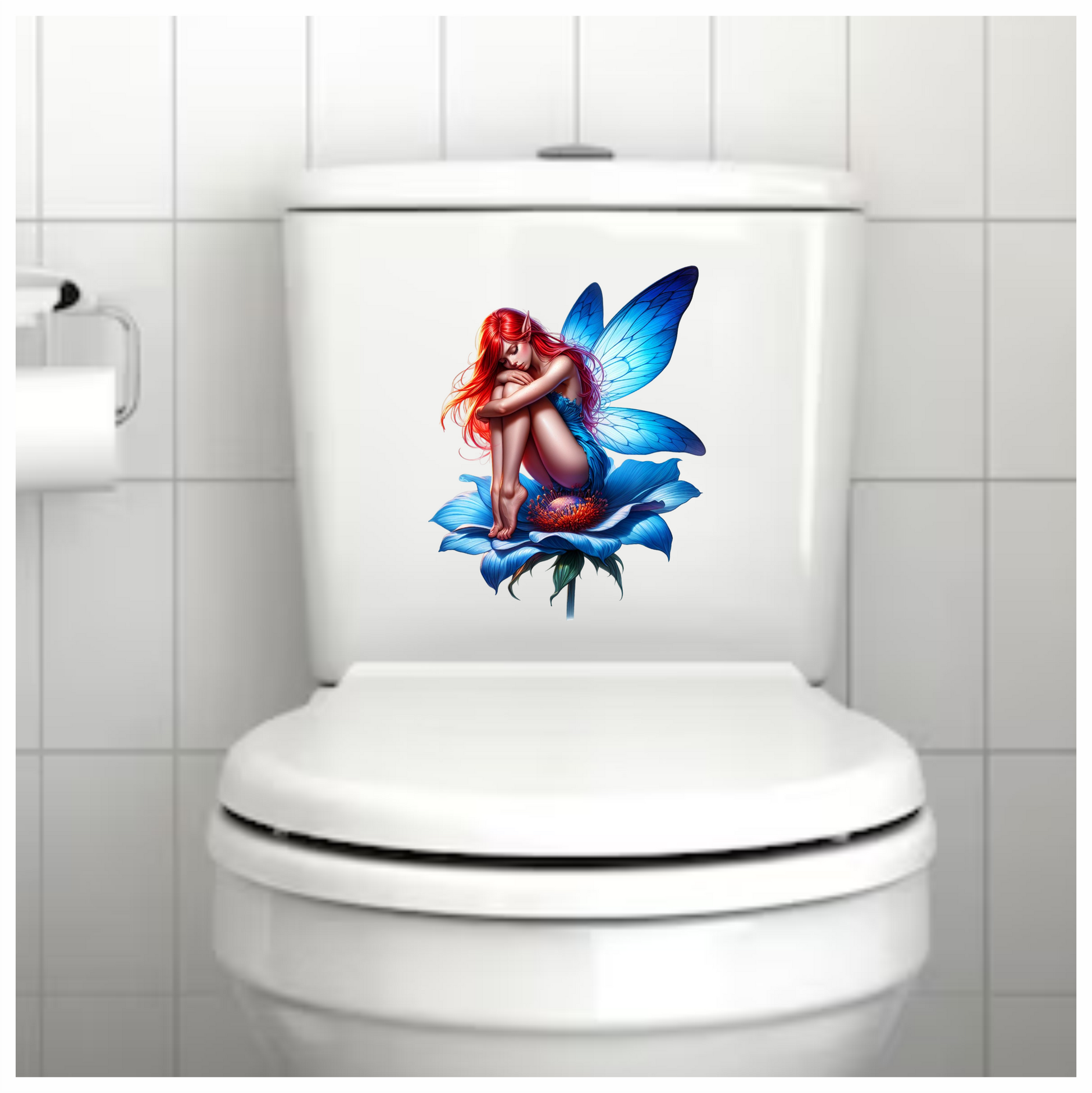 Neon blue fairy sitting on a flower vinyl sticker decal toilet art
