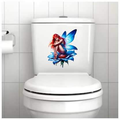 Neon blue fairy sitting on a flower vinyl sticker decal toilet art