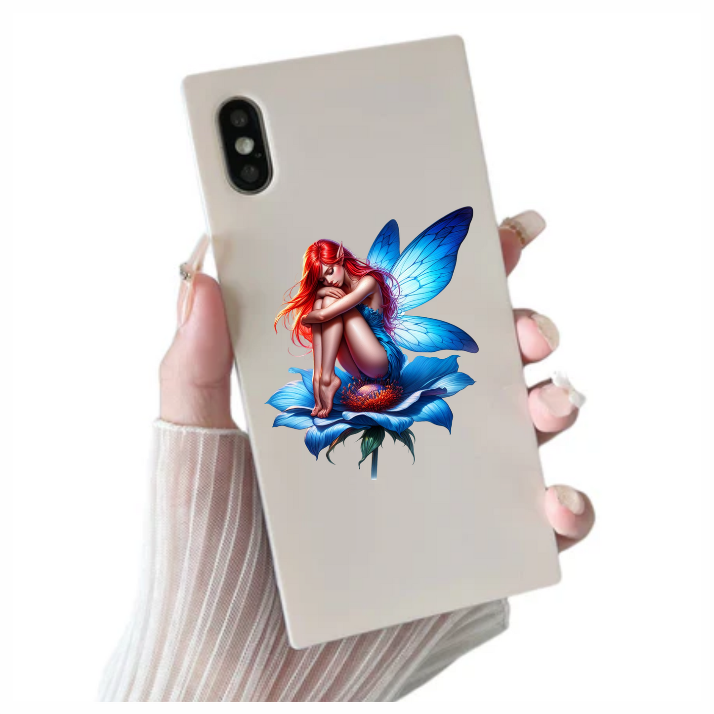 Neon blue fairy sitting on a flower vinyl sticker decal