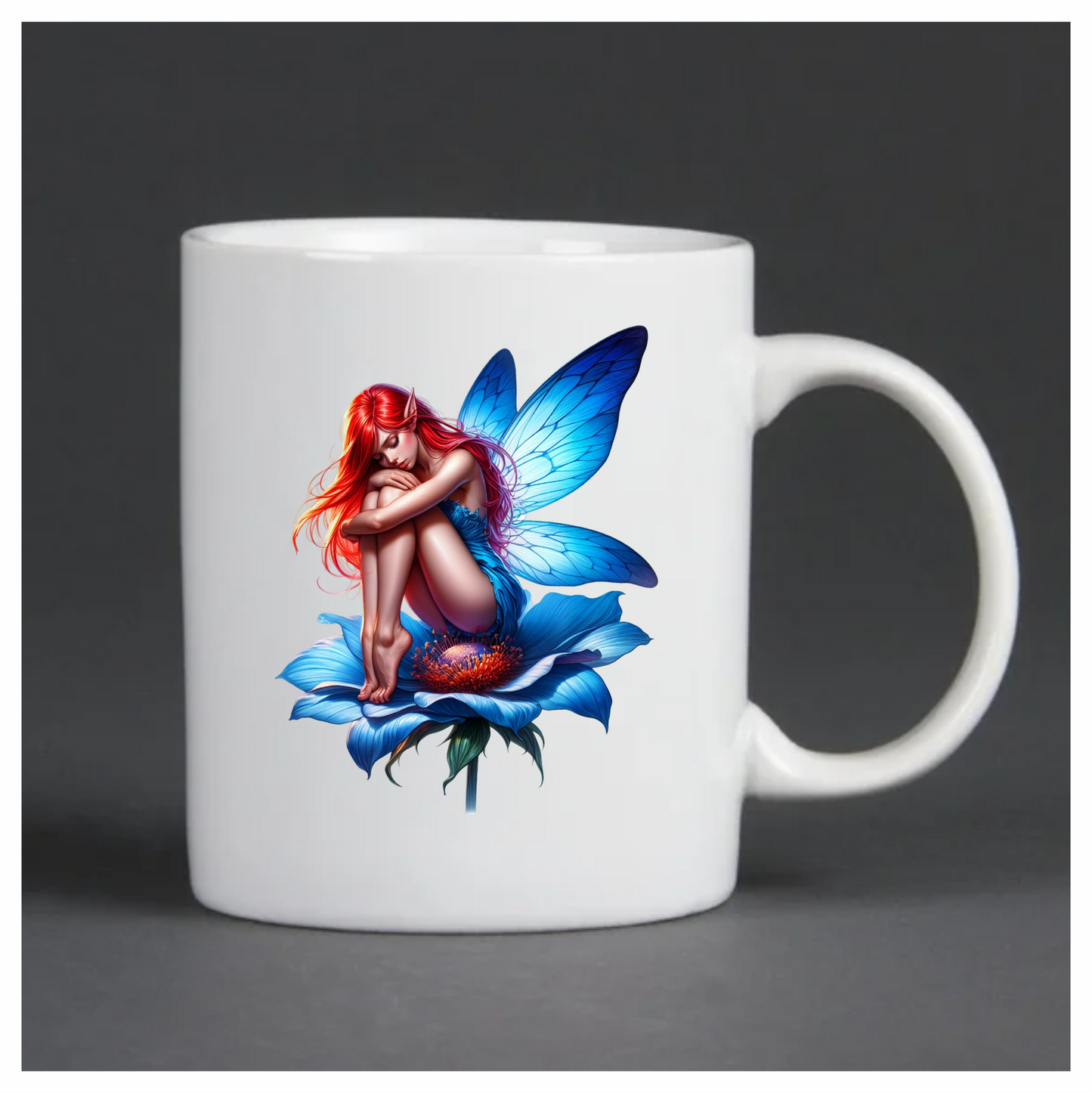 Neon blue fairy sitting on a flower vinyl sticker decal