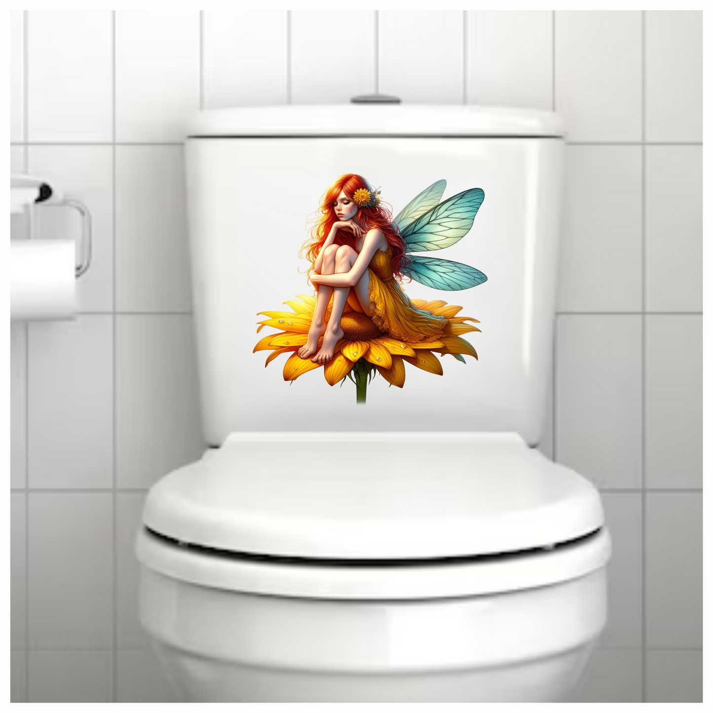 Yellow fairy sat on a flower vinyl sticker decal