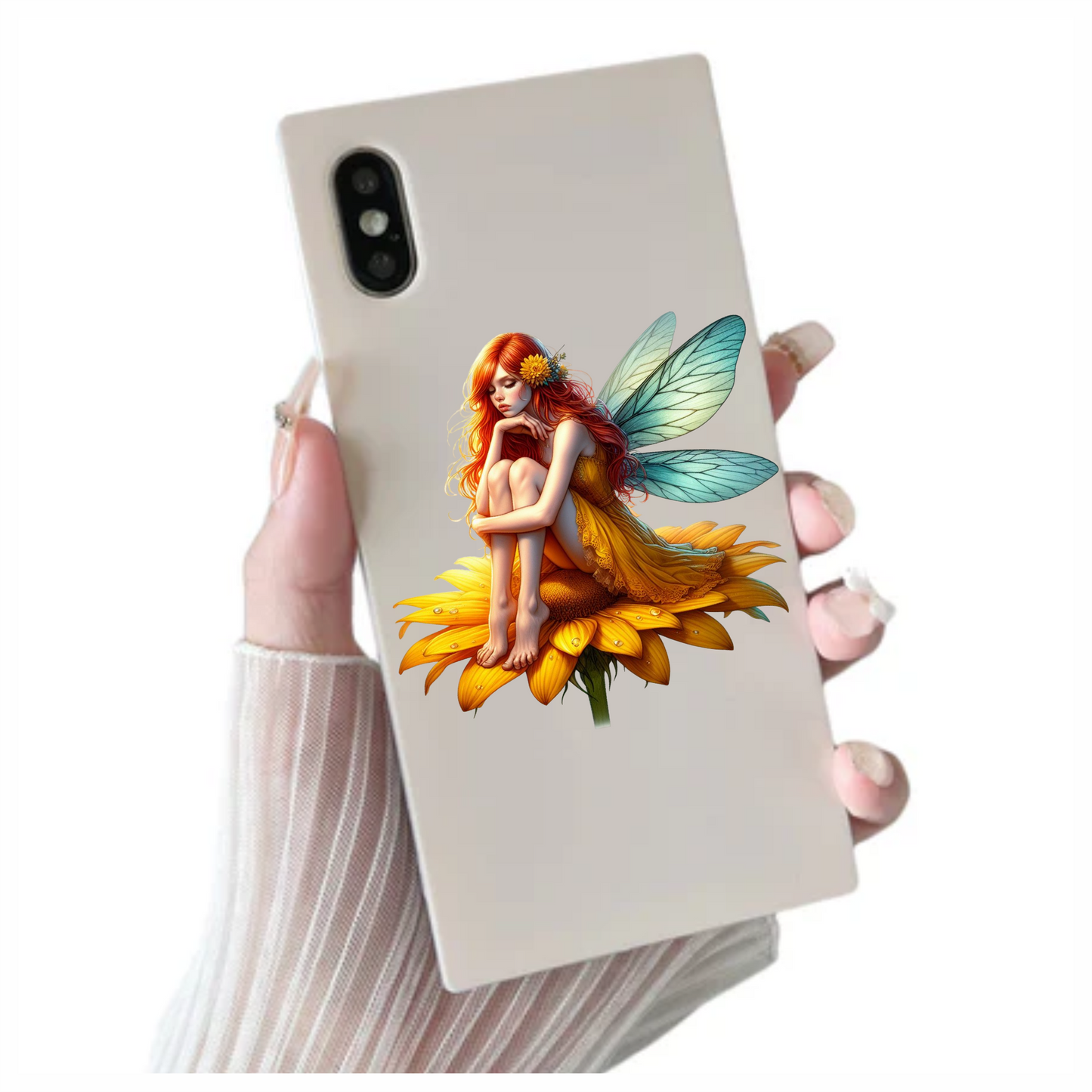 Yellow fairy sat on a flower vinyl sticker decal