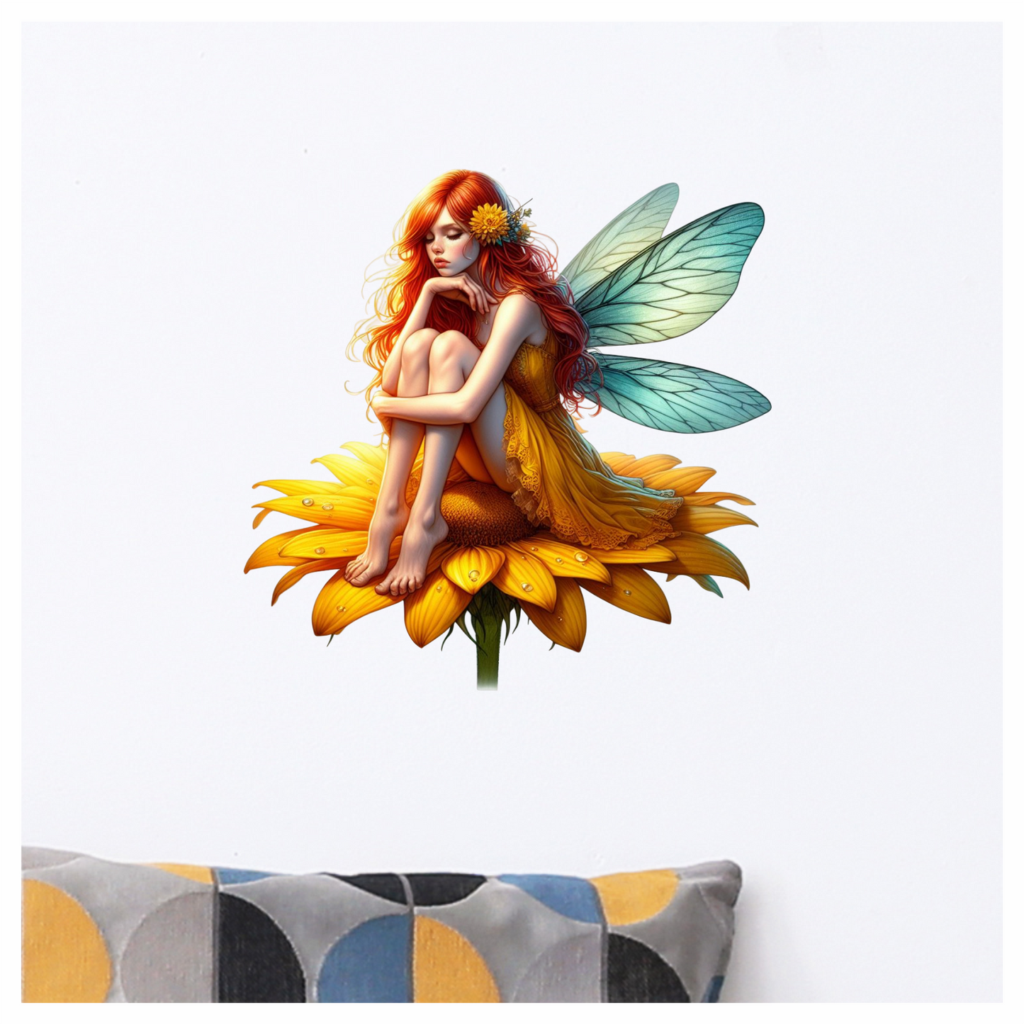 Yellow fairy sat on a flower vinyl sticker decal